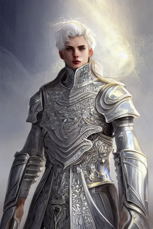 Image similar to portrait white hair knights of Zodiac male, Sliver ice color reflected armor, in ruined Agora of Athens Sunrise, ssci-fi and fantasy, intricate and very very beautiful and elegant, highly detailed, Frostbite Engine, digital painting, artstation, concept art, smooth and sharp focus, illustration, art by tian zi and WLOP and alphonse mucha