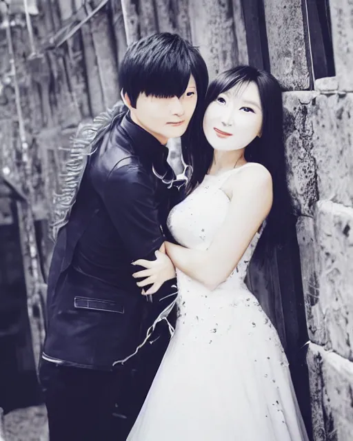 Image similar to saitama one punch man instagram couple's wedding photo shoot, closeup photo