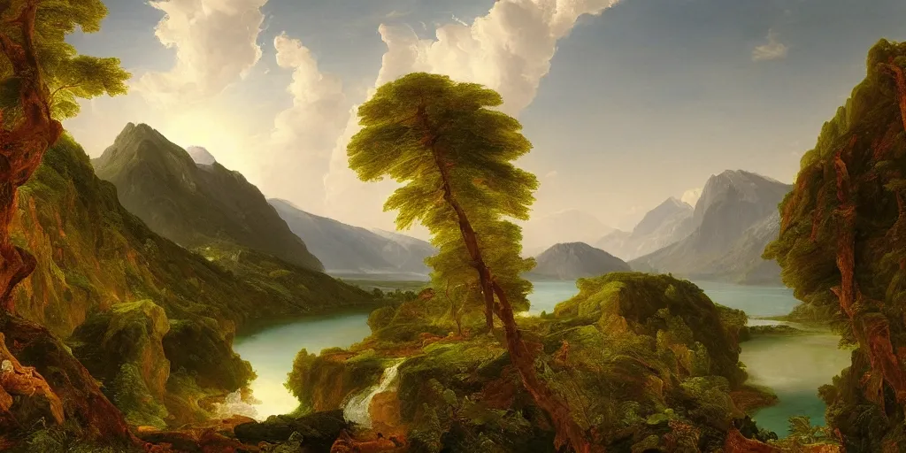 Prompt: a stunning painting of a mountain vista with a river flowing to a lake and forest, by thomas cole, oil on canvas, highly detailed, 4 k, hd