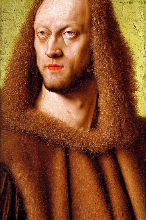 Image similar to renaissance 1 6 0 0 portrait of dwyane the rock, oil painting by jan van eyck, northern renaissance art, oil on canvas, wet - on - wet technique, realistic, expressive emotions, intricate textures, illusionistic detail