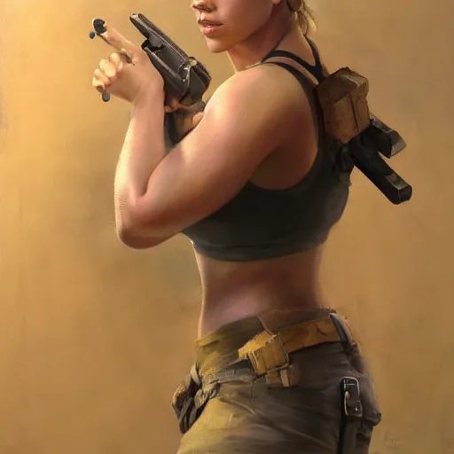 Image similar to greg manchess portrait of scarlett johansson as roided thick very muscular lara croft, fantasy, medium shot, asymmetrical, profile picture, organic painting, sunny day, matte painting, bold shapes, hard edges, street art, trending on artstation, by huang guangjian and gil elvgren and sachin teng