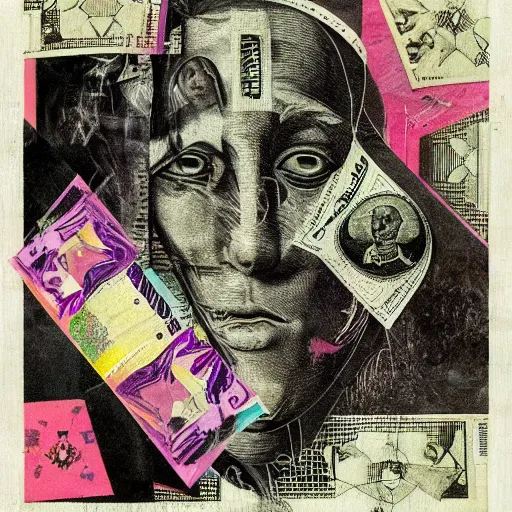 Prompt: post - punk new age album cover, asymmetrical design, frame of a dollar bank notes, abstract collage, capitalism, magic, apocalypse, psychedelic, black white pink, magic, giger h. r., giuseppe arcimboldo