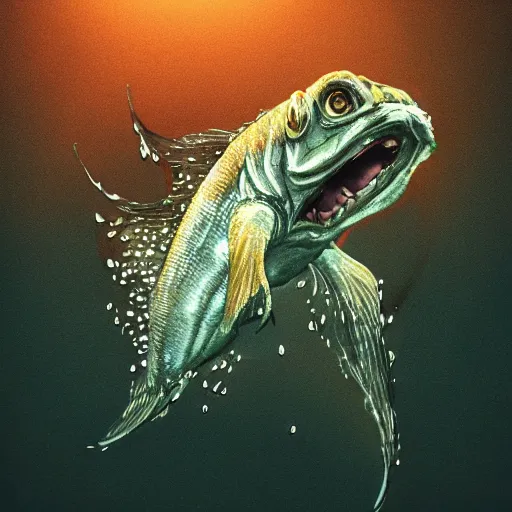 Image similar to fish with gollum face flying, rainy, lighting, dragon wings