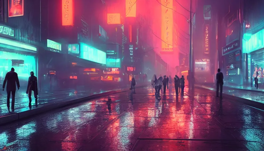 Image similar to street from bladerunner 2049, neon lights, rain, flying cars, people walking