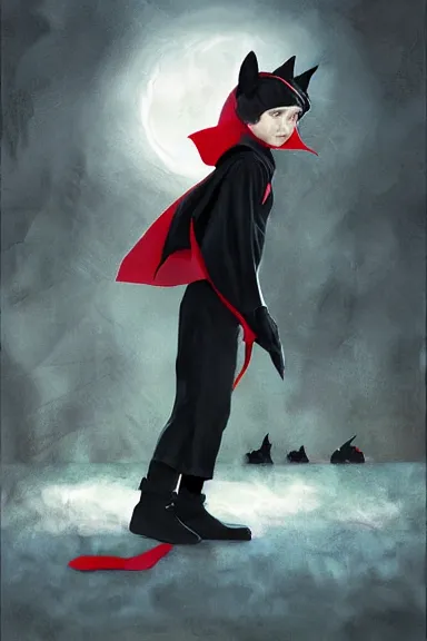 Image similar to little boy with cat ears in an black outfit with red cape. digital artwork made by lois van baarle and norman rockwell and marc simonetti, sharpness focus, inspired by hirohiko araki, anatomically correct, heroic composition, hero pose, smooth