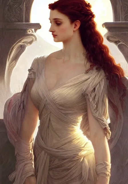 Prompt: sansa gessica chastain, intricate, elegant, highly detailed, digital painting, artstation, concept art, smooth, sharp focus, illustration, art by artgerm and greg rutkowski and alphonse mucha and william - adolphe bouguereau