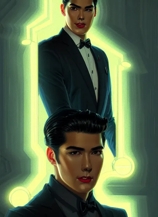 Image similar to portrait of reggie mantle, mean smirk, egotistical, slicked back hair, 1 9 5 0 s, intricate, elegant, glowing lights, highly detailed, digital painting, artstation, concept art, smooth, sharp focus, illustration, art by wlop, mars ravelo and greg rutkowski