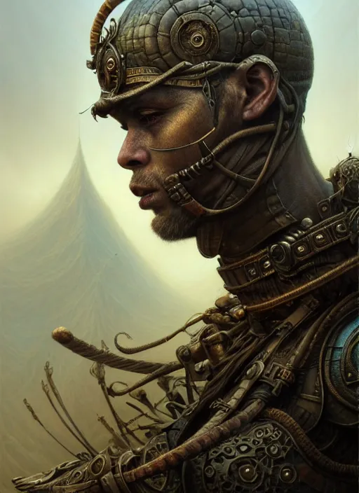 Prompt: closeup portrait shot of a warrior in a scenic dystopian environment, intricate, elegant, highly detailed, centered, digital painting, artstation, concept art, smooth, sharp focus, illustration, artgerm, tomasz alen kopera, peter mohrbacher, donato giancola, joseph christian leyendecker, wlop, boris vallejo