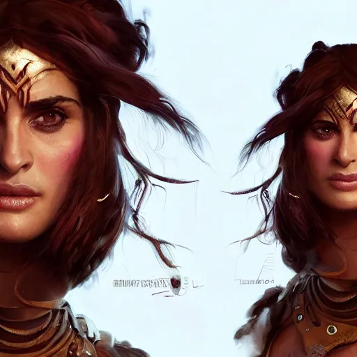 Image similar to portrait of salma hayek as barbarian warrior, au naturel, hyper detailed, digital art, trending in artstation, cinematic lighting, studio quality, smooth render, unreal engine 5 rendered, octane rendered, art style by klimt and nixeu and ian sprigger and wlop and krenz cushart.