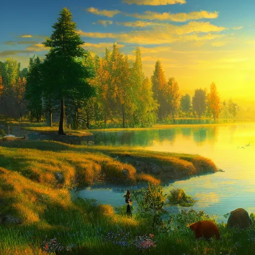 Image similar to a masterpiece detailed beautiful landscape of russian village, trees, lake, mountains, golden hour, sunset, by Makoto Shinkai and Ivan Shishkin