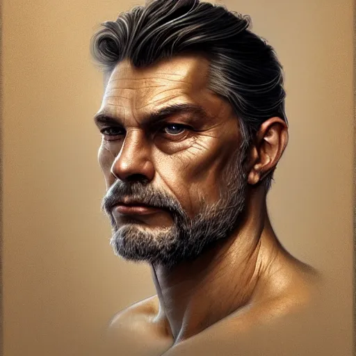 Image similar to portrait of a ruggedly handsome viktor orban, soft hair, muscular, half body, leather, hairy, d & d, fantasy, intricate, elegant, highly detailed, digital painting, artstation, concept art, smooth, sharp focus, illustration, art by artgerm and greg rutkowski and alphonse mucha