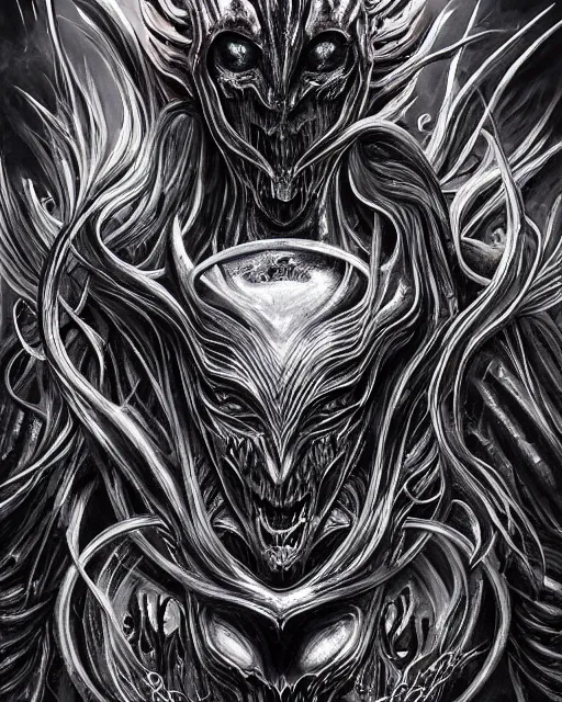 Prompt: black metal logo for ferrari, by antonio j. manzanedo, giger, alex grey, android jones, wayne barlowe, philippe druillet, raymond swanland, cyril rolando, josephine wall, harumi hironaka, trending on artstation