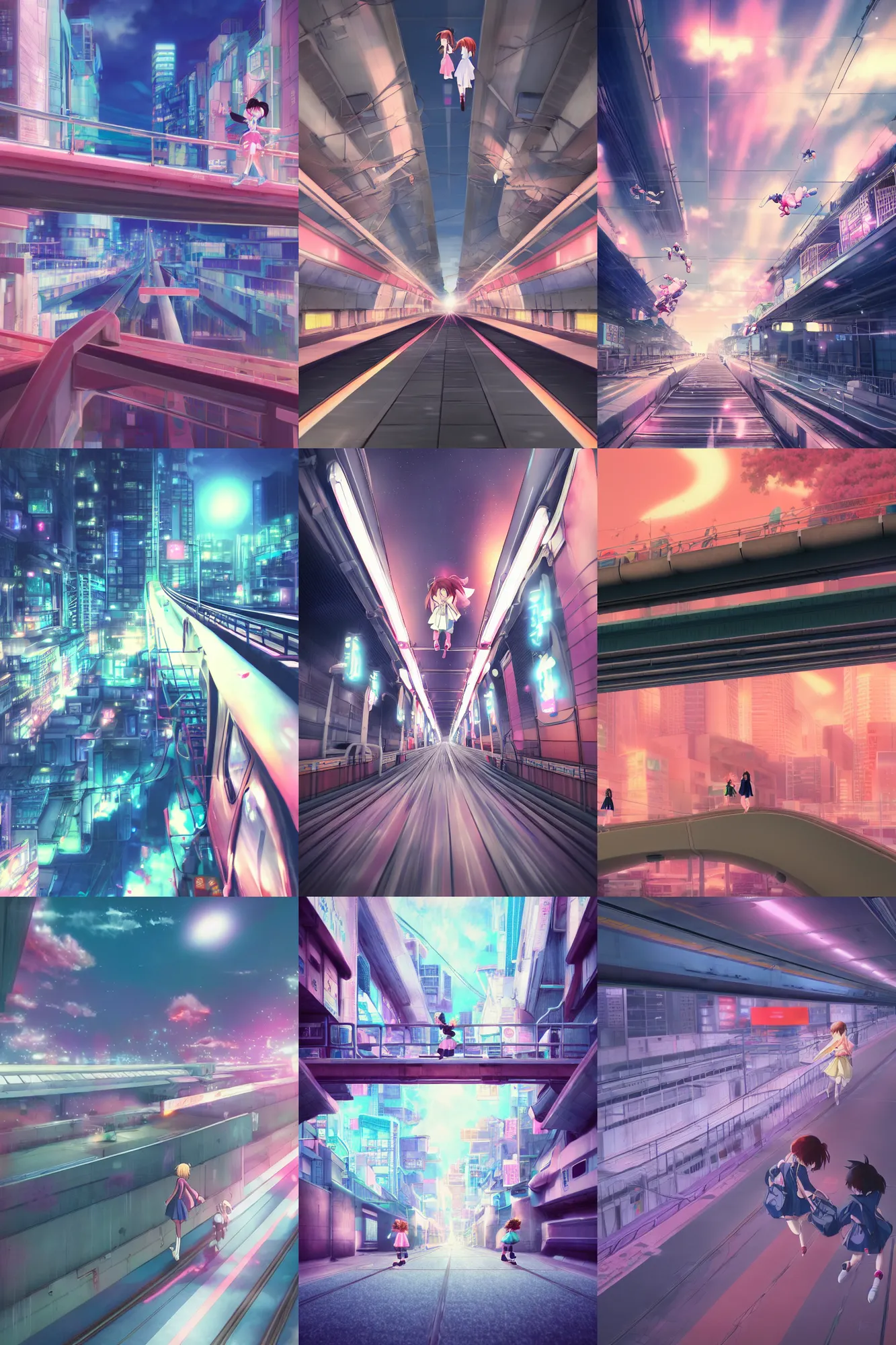 Prompt: 3d realistic infrared anime photo, two schoolgirls flying on huge japanese elevated subway at night. deep composition. Pastel colors. style of Hiro Kiyohara anime. redshift, octane, trending on artstation, cinematic, polaroid