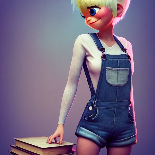 Image similar to full body pose, beautiful adult fairy, pixar, short white hair shaved sides, dirty, grungy, grunge, long sleeve, painted overalls, stacks of giant books, highly detailed, 4 k, hdr, smooth, sharp focus, high resolution, award - winning photo, artgerm, photorealistic