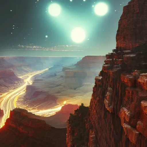Prompt: the Grand Canyon filled with glowing futuristic cyberpunk skyscrapers at night with a starry sky, fantasy, hyperrealism, octane render, photorealistic concept art, highly detailed