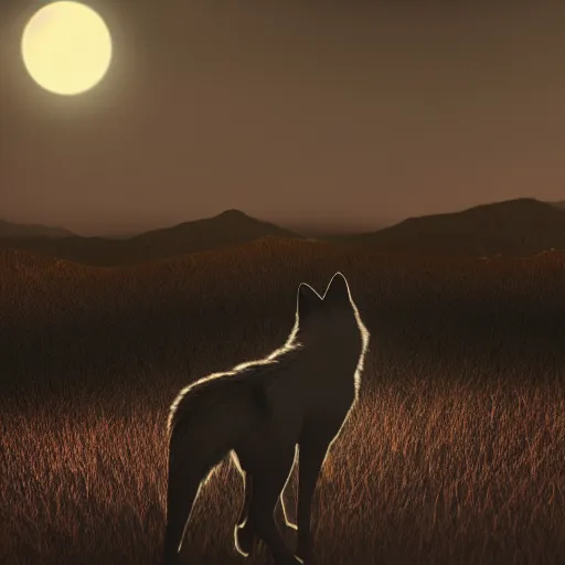 Image similar to a howling wolf made of black smoke contrasting with a full moon, cinematic lighting, 8 k, fantasy