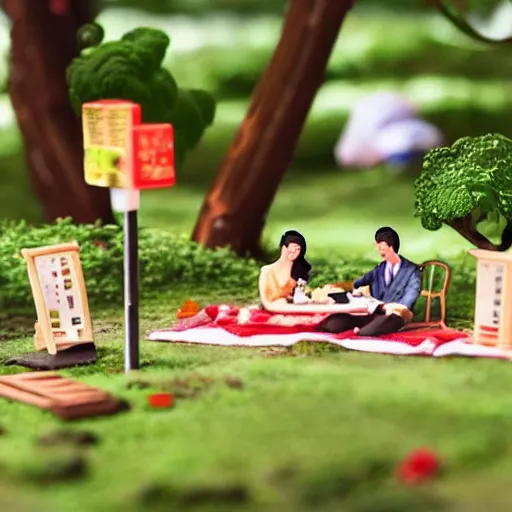 Image similar to a miniature diorama model of a couple having a picnic in a Tokyo park