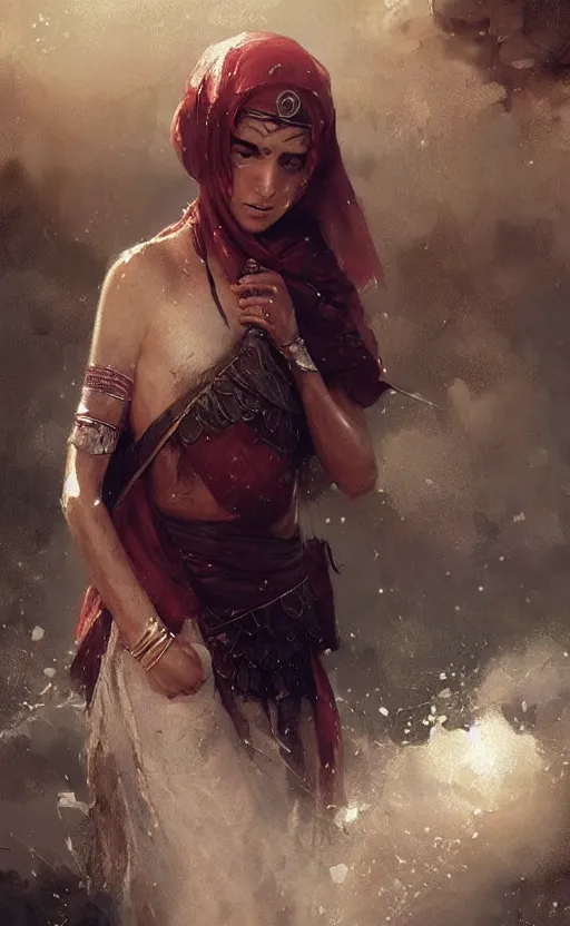 Image similar to The most beautiful arabian warrior girl in the world crying water,digital art,ultra realistic,ultra detailed, ultra wide Lens, art by greg rutkowski