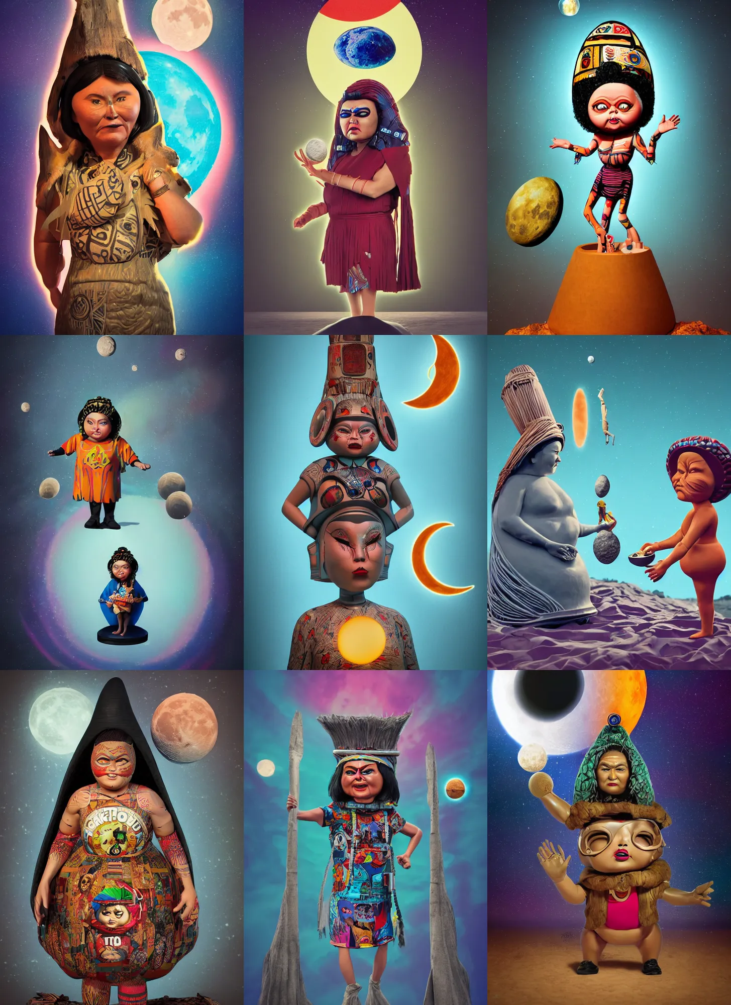 Prompt: a funny diagram poster artwork, garbage pail kids style, of a futuristic woman selk'nam, interacting with the soul of the moon, aboriginal capirote, grotesque, sculpture, dmt, irisdicense, houdini algorithmic generative render, sharp focus, cinematic lighting, octane render 8 k