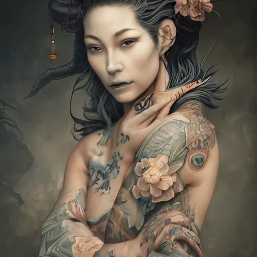 Image similar to ultra realistic, beautiful mixed woman with tattoos, wearing a kimono, japanese inspired, in the style of peter mohrbacher by weta digital and beth cavener, intricate, masterpiece, award winning, intricate