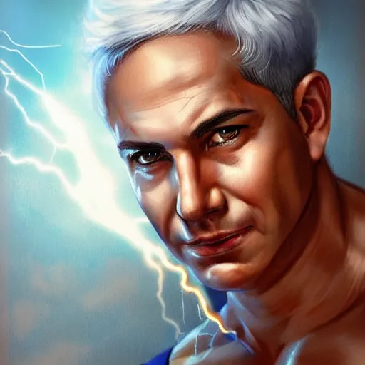 Image similar to benjamin netanyahu as the greek god of lightning, lightning bolts, highly detailed, ultra clear, by artgerm and greg rutkowski