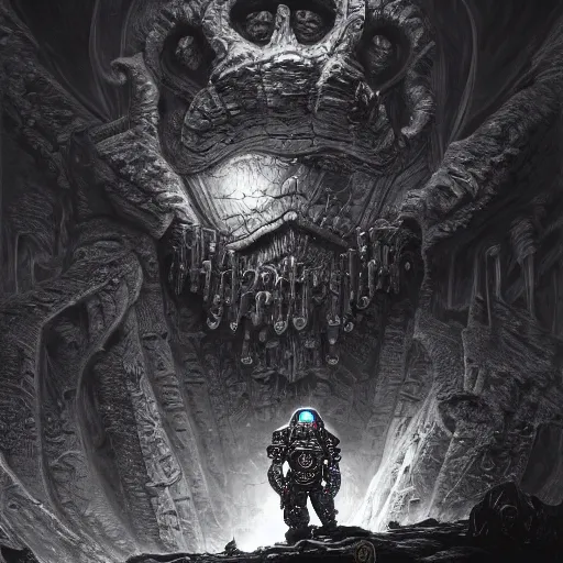 Image similar to photorealistic warhammer 4 0 k in the style of michael whelan and gustave dore. hyperdetailed photorealism, 1 0 8 megapixels, fully clothed, lunar themed attire, amazing depth, glowing rich colors, powerful imagery, psychedelic overtones, 3 d finalrender, 3 d shading, cinematic lighting, artstation concept art