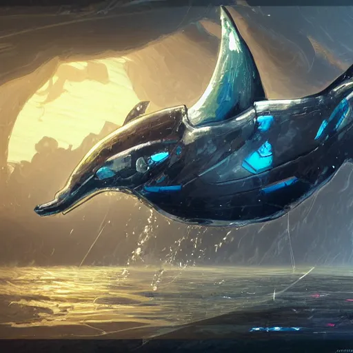 Image similar to concept art of robot in dolphin by jama jurabaev, brush stroke, robotic cyberpunk dolphin, scifi, trending on artstation, high quality, extremely detailed