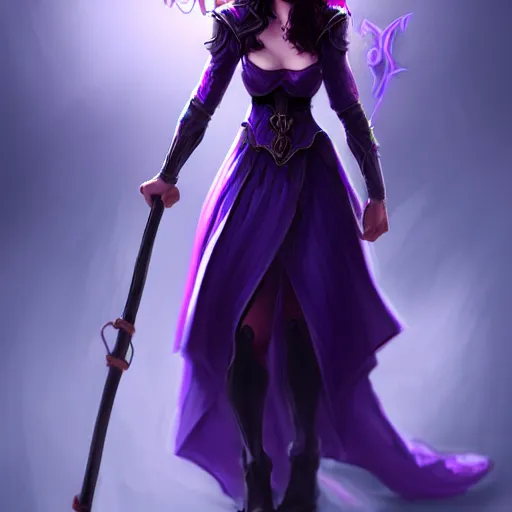 Image similar to a woman in a purple dress holding a staff and dark magic, magical concept art, artstation contest winner, fantasy art, dark and mysterious, artstation hd, detailed, 8 k, digital art