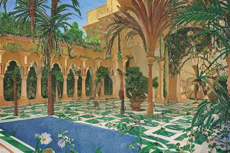 Image similar to painting of a beautiful moorish palace courtyard garden, by alayna danner and maxfield parrish and evelyn de morgan, patterned tilework, palm trees, tiled fountains, extremely detailed, cinematic lighting, smooth sharp focus