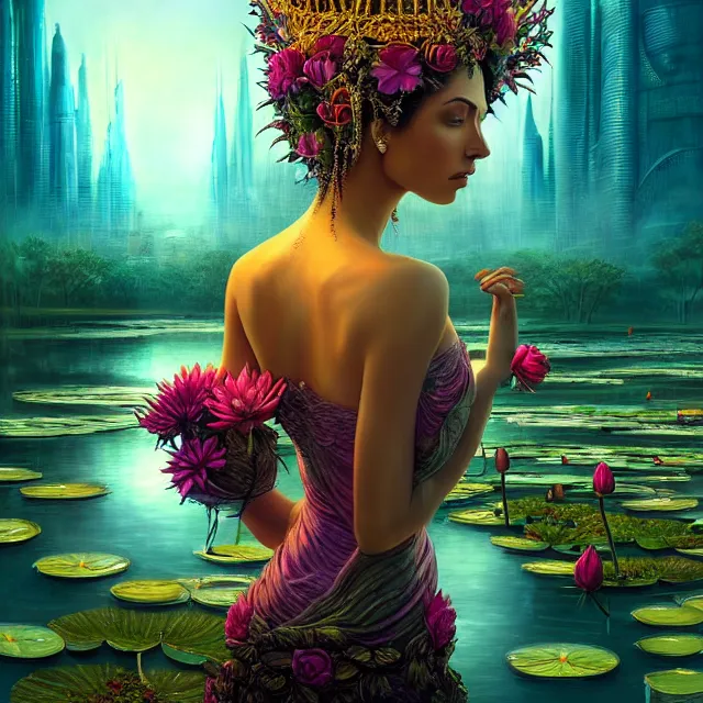 Prompt: Beautiful 3d render of the flower queen goddess in a sensual pose near a pond full of lotus, atmospheric lighting, painted, intricate, volumetric lighting, beautiful, rich deep colours masterpiece, sharp focus, ultra detailed, in the style of Dan Mumford and marc simonetti, with a clear crowded futuristic cyberpunk dubai city in the background, astrophotography