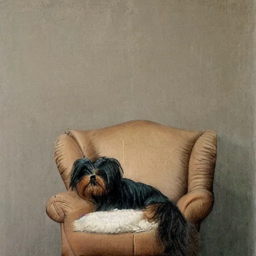 Image similar to old brown and gray Yorkshire terrier dog sitting a white leather chair, long hair, extremely detailed masterpiece, illustration, by Michael Sowa,