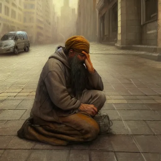 Image similar to an homeless man praying on the streets, dark, sad, digital painting, artstation, concept art, soft light, hdri, smooth, sharp focus, illustration, fantasy, intricate, elegant, highly detailed, D&D, matte painting, in the style of Greg Rutkowski and Alphonse Mucha and artemisia, 8k,