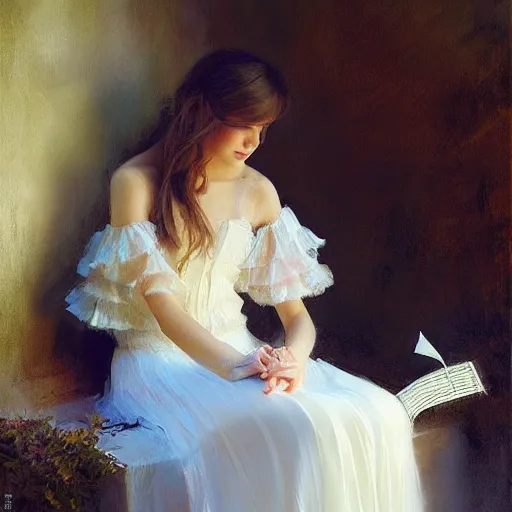 Image similar to Elegant girl with sheet music on her skirt, painted by Vicente Romero Redondo, highly detailed