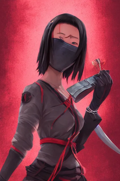 Image similar to native japanese young woman dressed like shinobi ninja, focused stare, partially masked, highly detailed, photobash, photorealistic render, trending on artstation, character design, red background, cinematic lighting