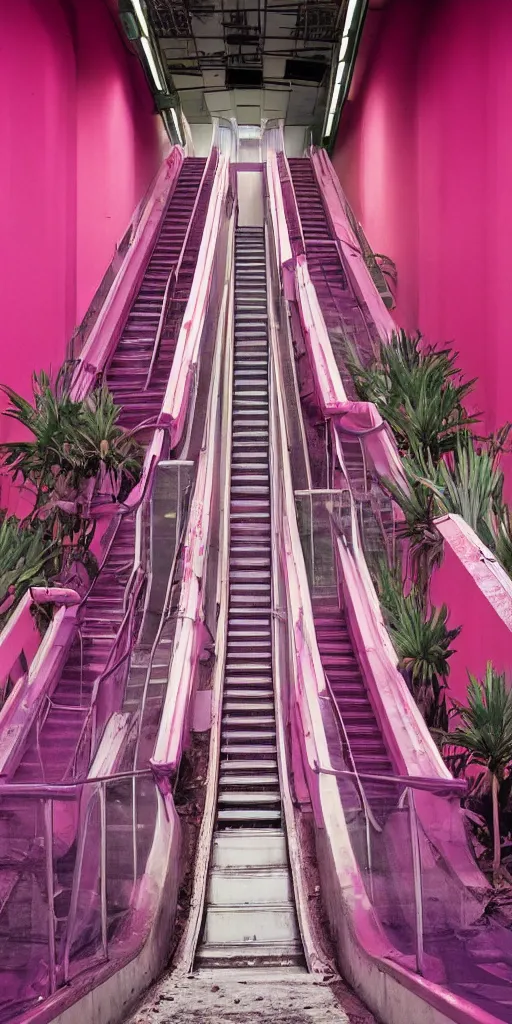 Image similar to 1980s color magazine photo of an escalator in an abandoned mall with pink walls, with interior potted palm trees, decaying dappled sunlight, cool purple lighting