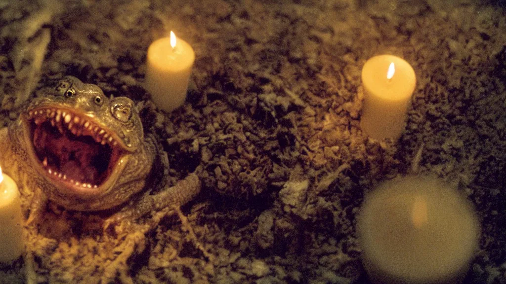 Prompt: a toad with sharp teeth grinning maniacally, a satanic ritual with candles and a pentagram, movie screenshot directed by Roman Polanski. Shot from a high angle. Cinematic. 24mm lens, 35mm film, Fujifilm Reala, f8