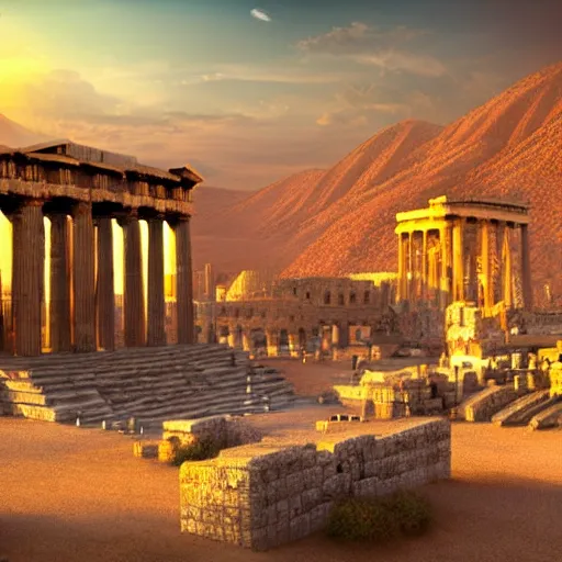 Image similar to Cinematic view of ancient fantasy city with greek architecture in a searing desert; fantasy art