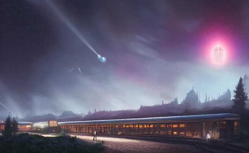 Image similar to exterior shot of utopian train station on in the middle of galaxy with cinematic lighting by peter zumthor and renzo piano, darek zabrocki and greg ruthkowski, simon stalenhag, cinematic, holy place, paradise, scifi, futurism, atmospheric, concept art, artstation, trending on artstation