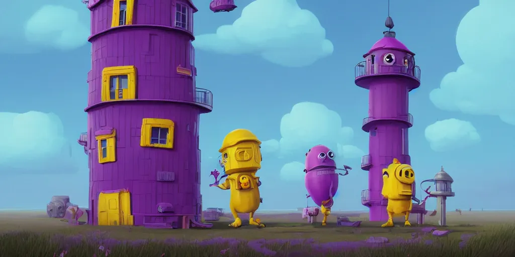 Image similar to cute purple and yellow cartoon monsters building a lighthouse by Goro Fujita and Simon Stalenhag , 8k, trending on artstation, hyper detailed, cinematic