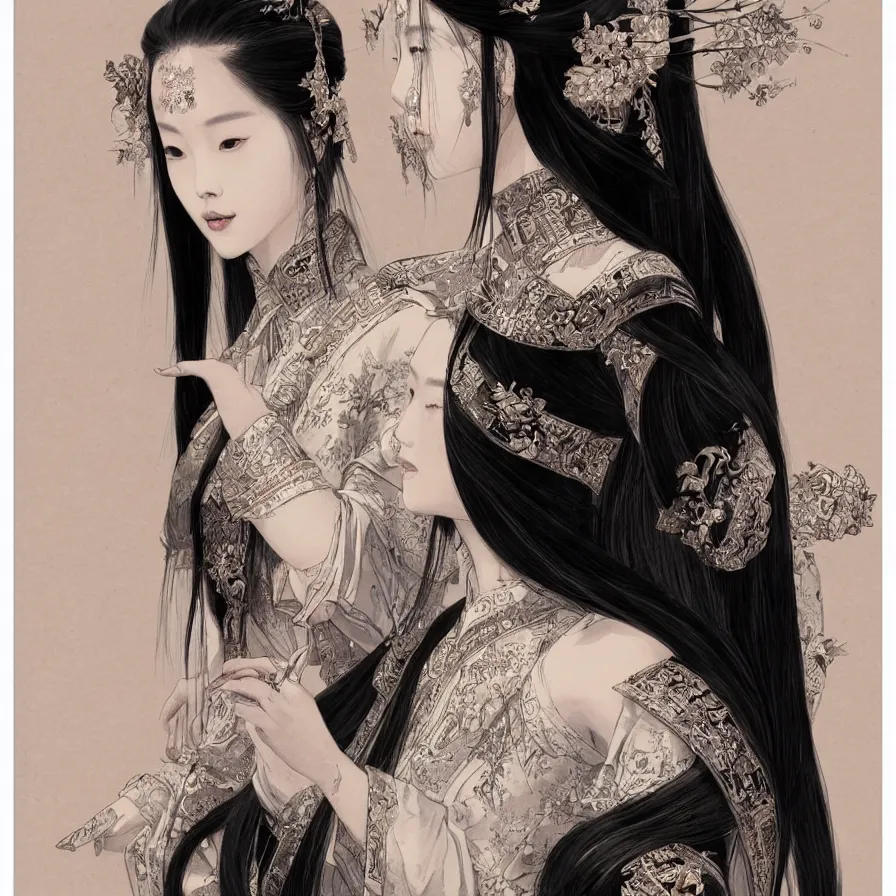 Prompt: ancient chinese princess, elegant, long black hair, highly detailed, museum ink painting, artstation, concept art, art by wlop