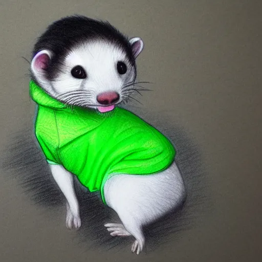 Prompt: A ferret wearing a bright green t-shirt, wearing black jeans, wearing a beanie, Pencil drawing, hyper-detailed, very realistic