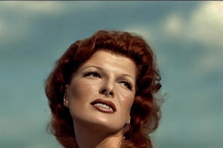 Image similar to natural 8 k close up shot of rita hayworth with freckles, natural skin and beauty spots in a 2 0 0 5 romantic comedy by sam mendes. she stands and looks on the horizon with winds moving her hair. fuzzy blue sky in the background. no make - up, no lipstick, small details, wrinkles, natural lighting, 8 5 mm lenses, sharp focus