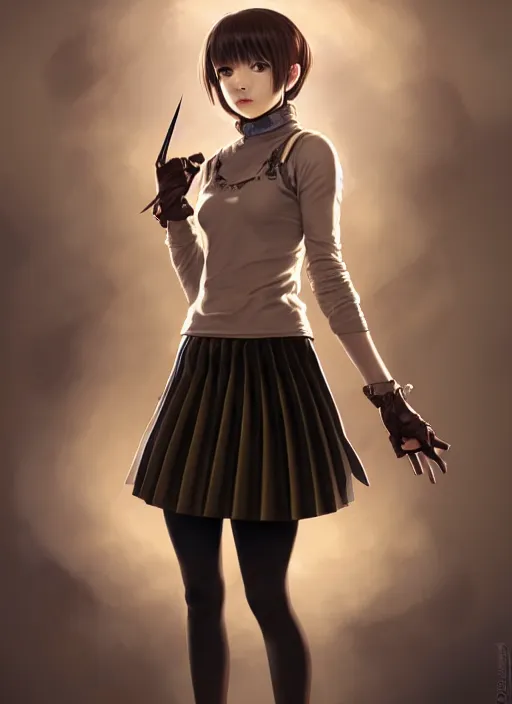 Image similar to portrait of a full body of beautiful young female detective, d & d, sleeveless turtleneck, pleated skirt, fantasy, flat lighting, intricate, highly detailed, digital painting, artstation, concept art, smooth, sharp focus, illustration, misa amane, art by simon bisley and greg rutkowski and alphonse mucha, natural tpose