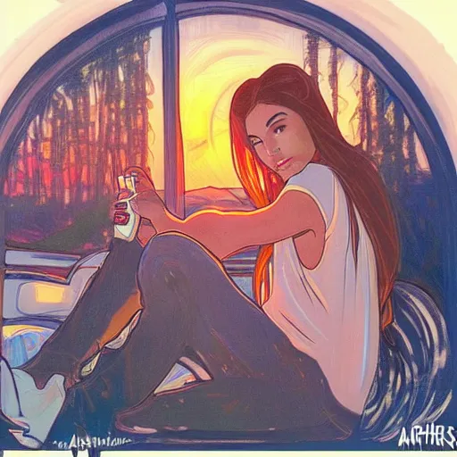 Prompt: Madison Beer drinking beer in the parking lot, realistic, sunset 😂😂😂☺️☺️☺️, in the style of Artgerm and Alphonse Mucha