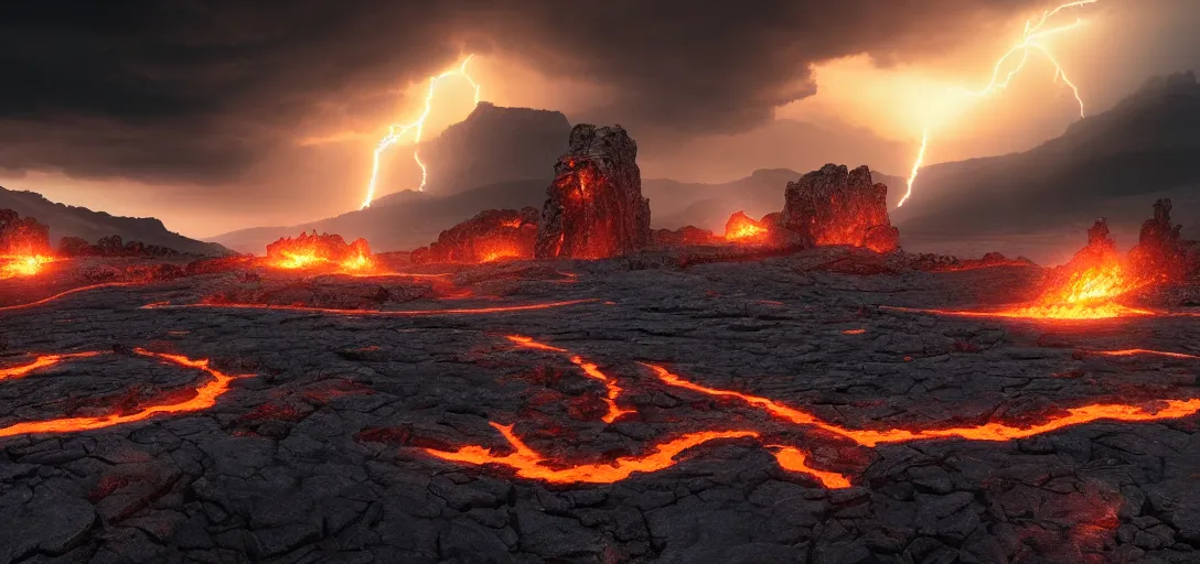 Prompt: dramatic view of empty rocky wasteland, ancient foundry, giant glowing towers of fire, lava held back by dam, glowing ominous clouds, lightning, unreal engine, dramatic lighting, detailed, ambient occlusion, global illumination, god rays, 3 d artstation render by greg rutowski and jessica rossier