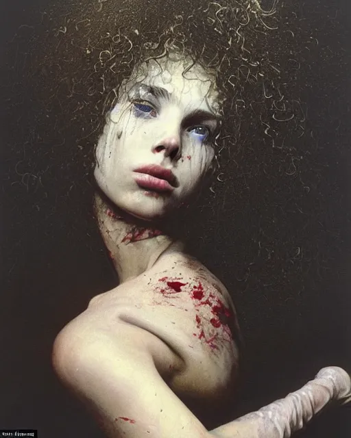Prompt: a beautiful and eerie baroque painting of a gorgeous young woman bleeding in dead space. She has wild, curly hair, freckles and violence in her eyes photographed in the 1970s, by Alan Lee