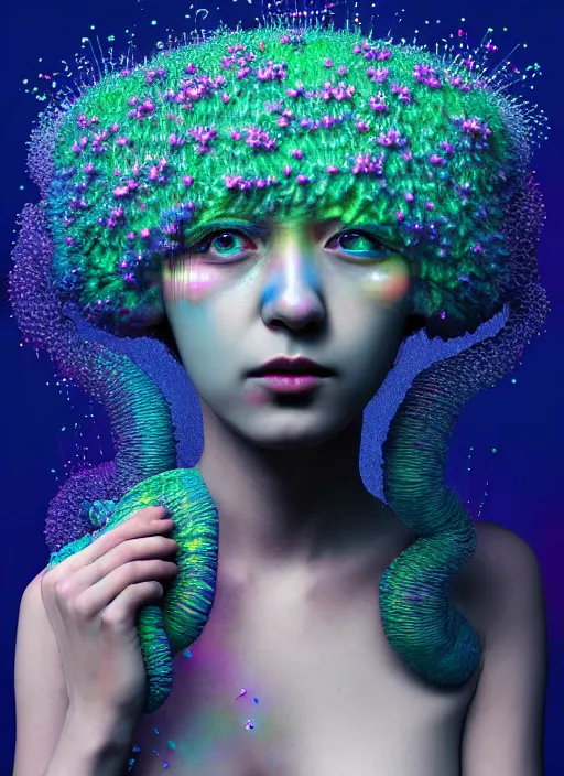 Prompt: hyper detailed 3d render like a Oil painting - kawaii portrait Aurora (Singer) seen Eating of the Strangling network of prussian blue and aerochrome and milky Fruit and Her delicate Hands hold of gossamer polyp blossoms bring iridescent fungal flowers whose spores black the foolish stars by Jacek Yerka, Mariusz Lewandowski, Houdini algorithmic generative render, Abstract brush strokes, Masterpiece, Edward Hopper and James Gilleard, Zdzislaw Beksinski, Mark Ryden, Wolfgang Lettl, hints of Yayoi Kasuma, octane render, 8k