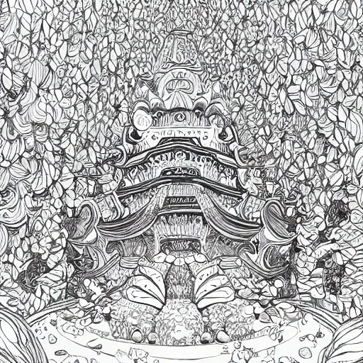 Prompt: a beautiful painting of a large exquisite mystical shrine in a field of flowers by moebius and studio ghibli, hyper detailed vector line art, fountain pen art