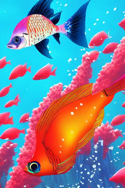 Image similar to a beautiful and colorful fish swimming through a coral in the ocean anime style, makoto shinkai style