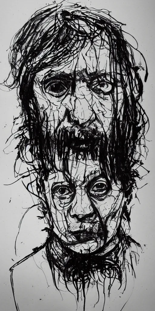 Image similar to a loose wild messy ink sketch portrait of a self portrait in the style of ralph steadman, caricature, dramatic